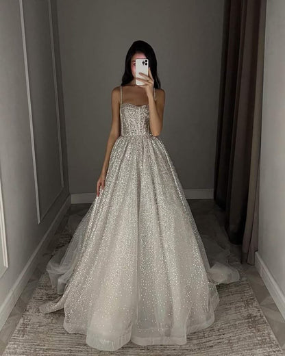Unique Bridal Dress A Line Spaghetti Straps White Sequin Long Wedding Dresses Luxury Bride Dress Bridal Gowns DH1520