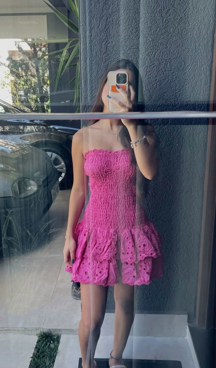 Cute Sheath Strapless Hot Pink Lace Short Formal 8th Grade Homecoming Dresses Summer Middle School Hoco Dress Homecoming Outfits DH154