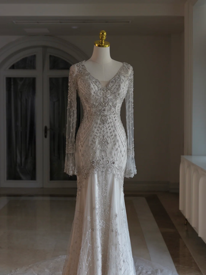Luxury Mermaid V Neck Sequin With Silver Beads White Wedding Dress Modest Wedding Dresses Princess Wedding Gowns DH1546