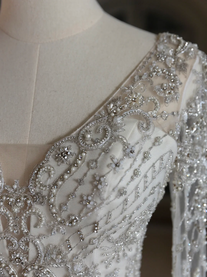 Luxury Mermaid V Neck Sequin With Silver Beads White Wedding Dress Modest Wedding Dresses Princess Wedding Gowns DH1546