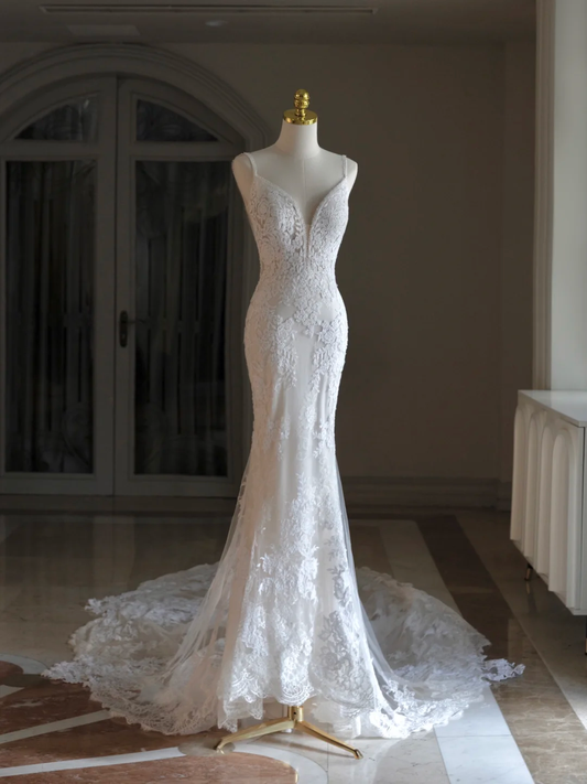 Luxury Mermaid Spaghetti Straps Lace White Wedding Dress Modest Wedding Dresses Princess Wedding Gowns DH1548
