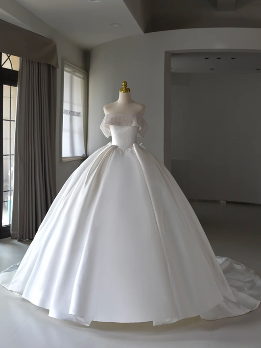 Princess Bridal Dress Ball Gown Off The Shoulder Satin Wedding Dress With Beads White Wedding Dresses Modest Wedding Gowns DH1550