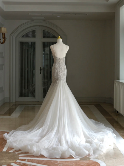 Luxury Mermaid Spaghetti Straps Lace White Wedding Dress Modest Wedding Dresses Princess Wedding Gowns DH1556