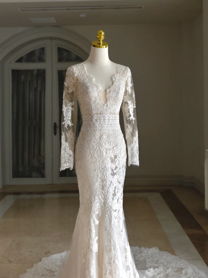 Luxury Mermaid V Neck Long Sleeves Lace White Wedding Dress Modest Wedding Dresses Princess Wedding Gowns DH1558