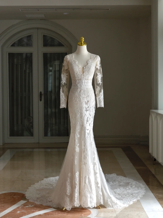Luxury Mermaid V Neck Long Sleeves Lace White Wedding Dress Modest Wedding Dresses Princess Wedding Gowns DH1558