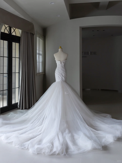 Simple Mermaid Strapless Satin White Tulle Wedding Dress Modest Wedding Dresses Princess Wedding Gowns DH1560