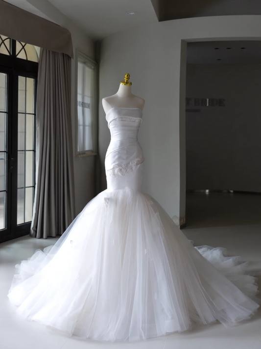Simple Mermaid Strapless Satin White Tulle Wedding Dress Modest Wedding Dresses Princess Wedding Gowns DH1560