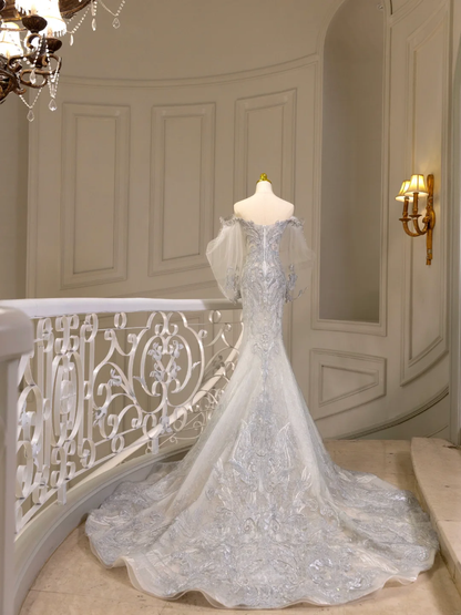 Princess Bridal Dress Mermaid Off The Shoulder Lace Tulle Wedding Dress With Long Sleeves Wedding Dresses Modest Wedding Gowns DH1564