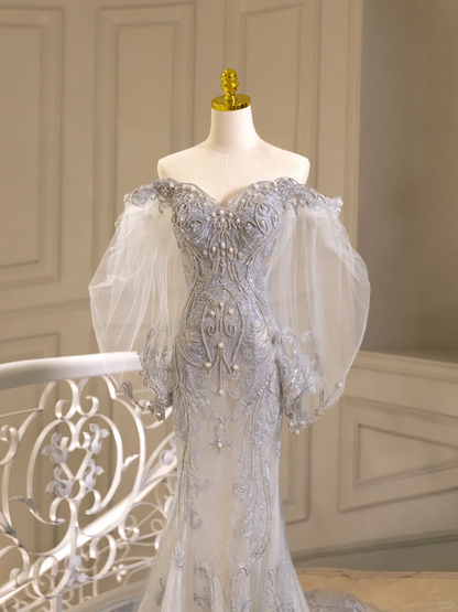 Princess Bridal Dress Mermaid Off The Shoulder Lace Tulle Wedding Dress With Long Sleeves Wedding Dresses Modest Wedding Gowns DH1564