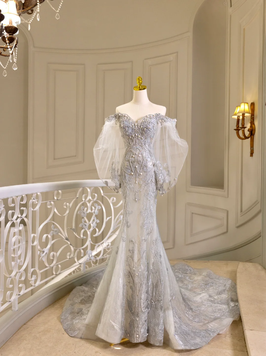 Princess Bridal Dress Mermaid Off The Shoulder Lace Tulle Wedding Dress With Long Sleeves Wedding Dresses Modest Wedding Gowns DH1564