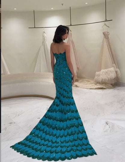 Elegant Sheath Strapless Blue Sequin Prom Dresses Party Dress Summer 22th Birthday Outfits 18th Birthday Dresses DH1584