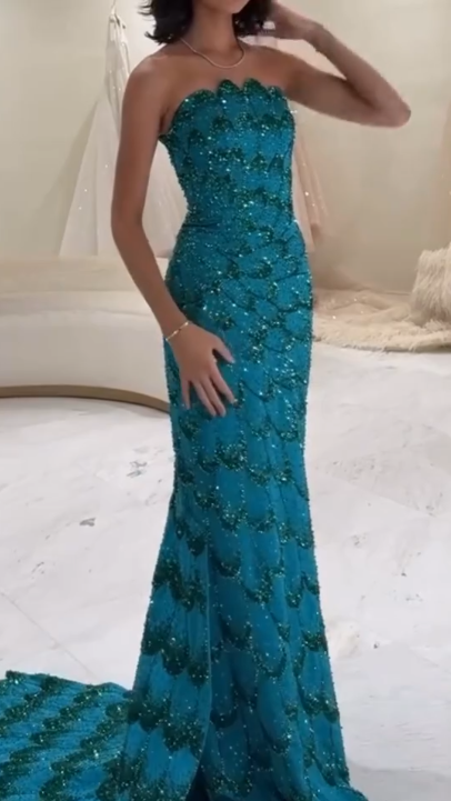 Elegant Sheath Strapless Blue Sequin Prom Dresses Party Dress Summer 22th Birthday Outfits 18th Birthday Dresses DH1584