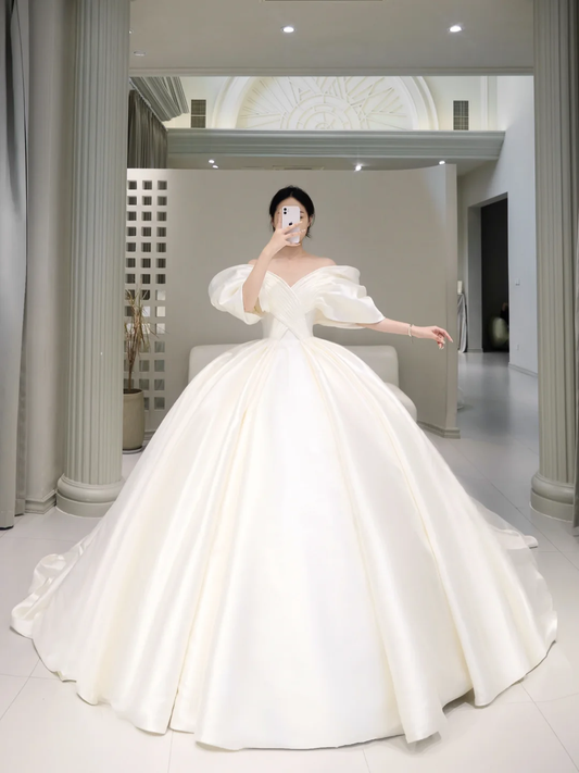 Unique Bridal Dress Ball Gown Off The Shoulder Satin White Long Wedding Dresses Luxury Bride Dress Bridal Gowns DH1612