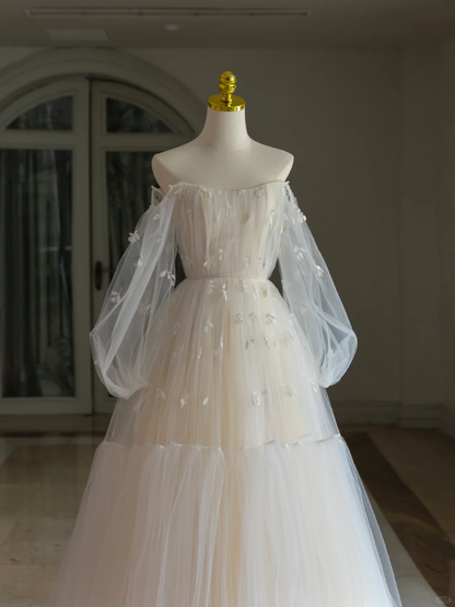 Princess Bridal Dress Ball Gown Off The Shoulder Lace Tulle Wedding Dress With Long Sleeves Wedding Dresses Modest Wedding Gowns DH1614