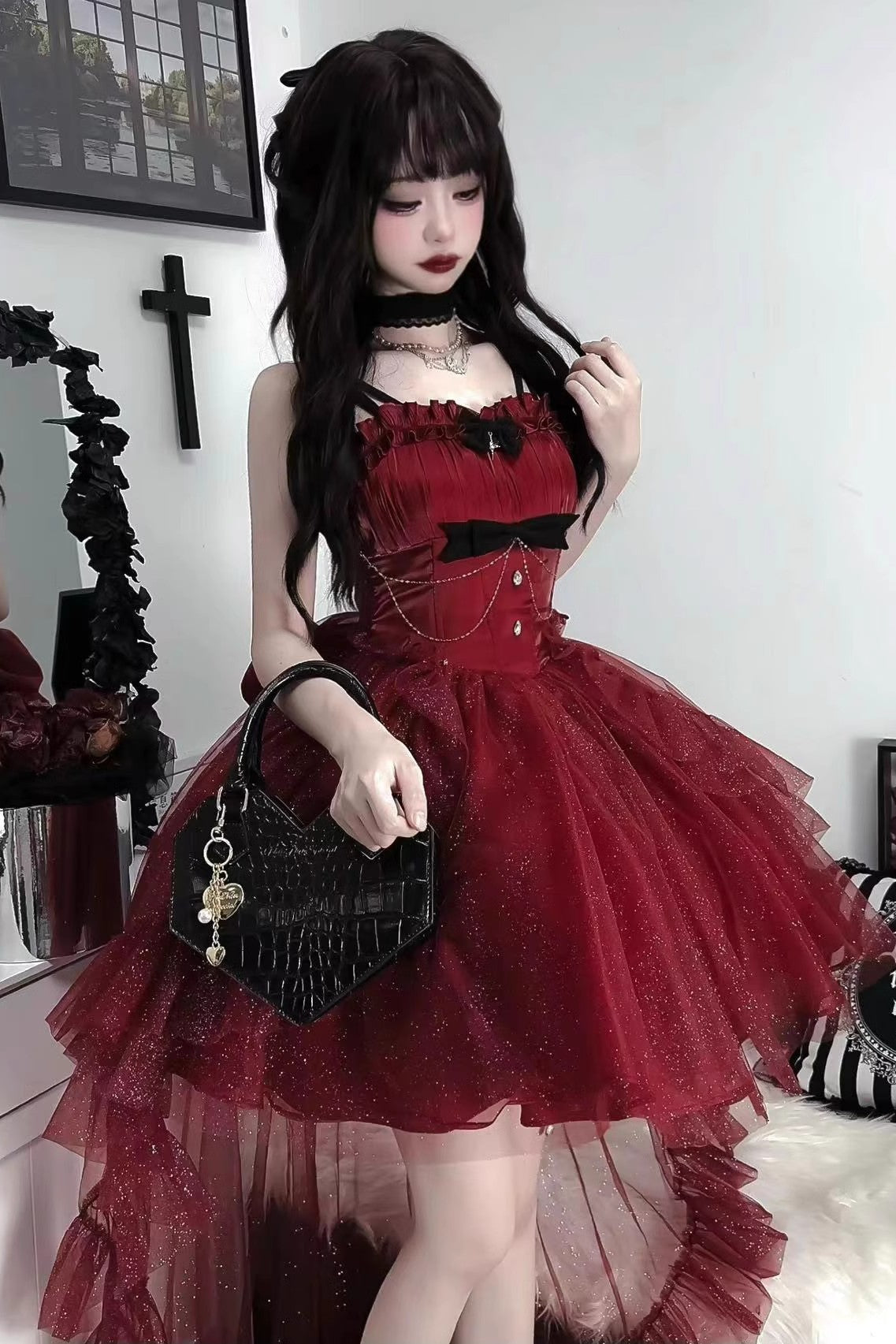 Goth Ball Gown Spaghetti Straps Burgundy Short Mini Formal 8th Grade Homecoming Dresses Middle School Lolita Dress Birthday Outfits Lolita Dress DH1623