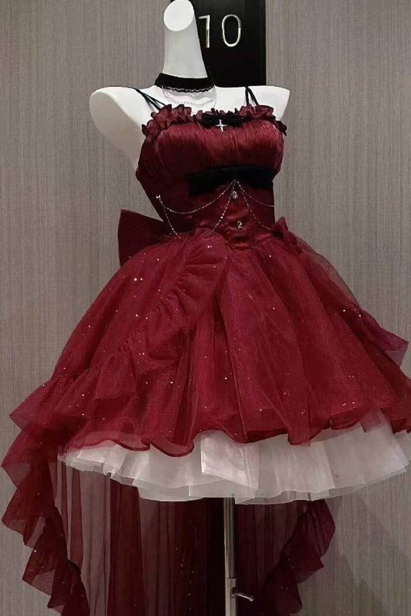 Goth Ball Gown Spaghetti Straps Burgundy Short Mini Formal 8th Grade Homecoming Dresses Middle School Lolita Dress Birthday Outfits Lolita Dress DH1627