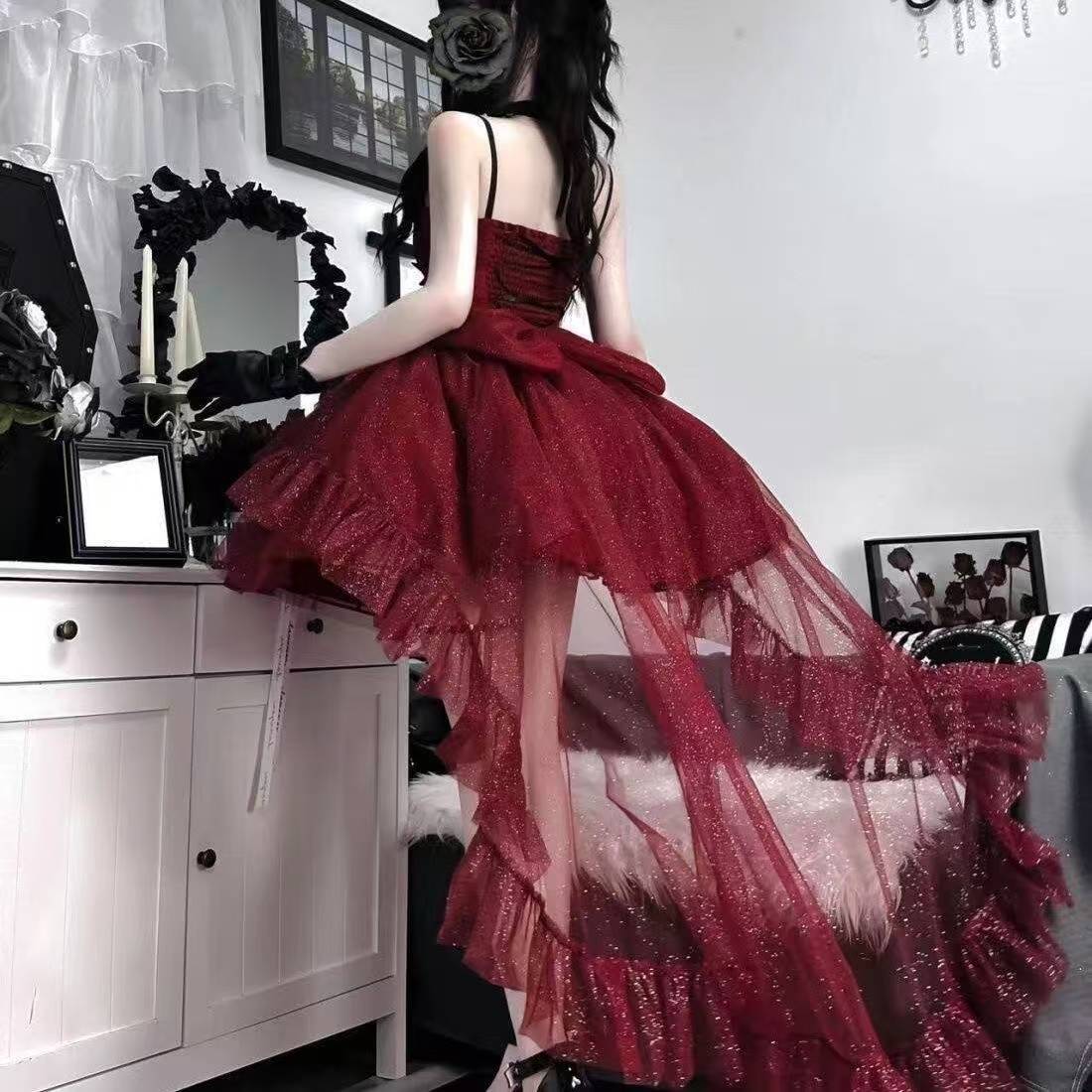Goth Ball Gown Spaghetti Straps Burgundy Short Mini Formal 8th Grade Homecoming Dresses Middle School Lolita Dress Birthday Outfits Lolita Dress DH1627