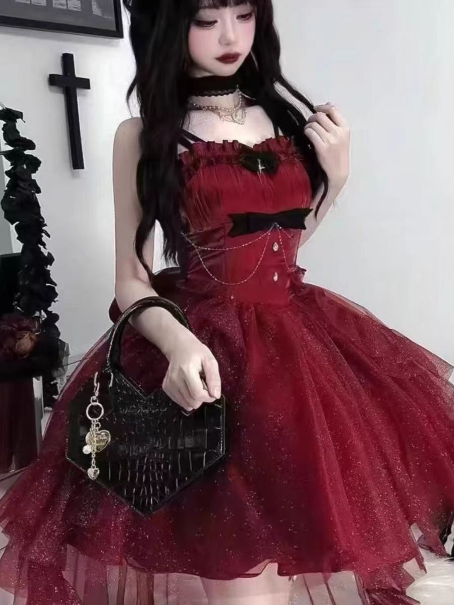 Goth Ball Gown Spaghetti Straps Burgundy Short Mini Formal 8th Grade Homecoming Dresses Middle School Lolita Dress Birthday Outfits Lolita Outfit DH1637