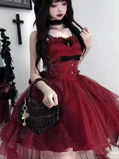 Goth Ball Gown Spaghetti Straps Burgundy Short Mini Formal 8th Grade Homecoming Dresses Middle School Lolita Dress Birthday Outfits Lolita Outfit DH1637