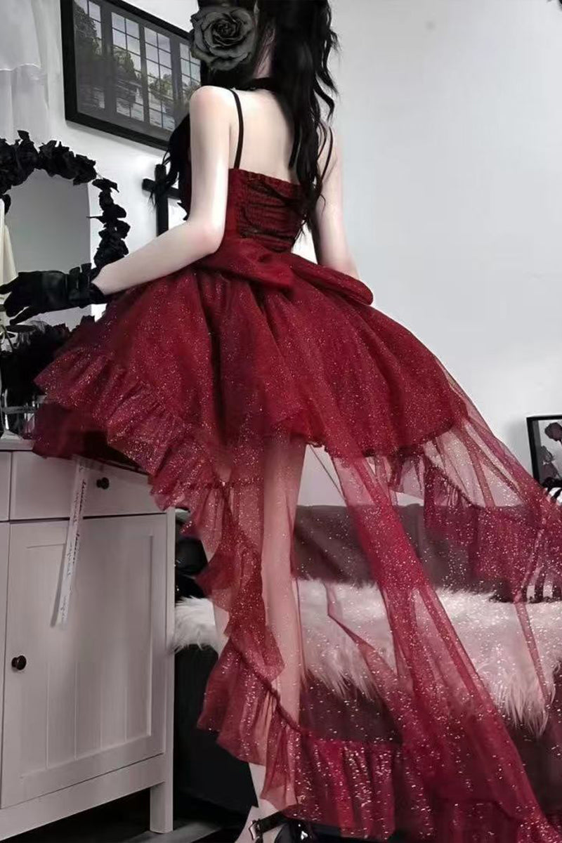 Goth Ball Gown Spaghetti Straps Burgundy Short Mini Formal 8th Grade Homecoming Dresses Middle School Lolita Dress Birthday Outfits Lolita Outfit DH1637