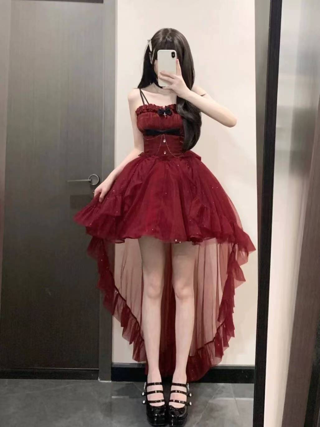 Goth Ball Gown Spaghetti Straps Burgundy Short Mini Formal 8th Grade Homecoming Dresses Middle School Lolita Dress Birthday Outfits Lolita Outfit DH1637