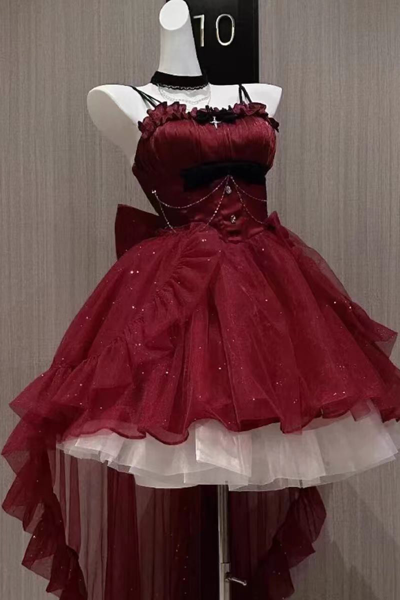 Goth Ball Gown Spaghetti Straps Burgundy Short Mini Formal 8th Grade Homecoming Dresses Middle School Lolita Dress Birthday Outfits Lolita Outfit DH1637