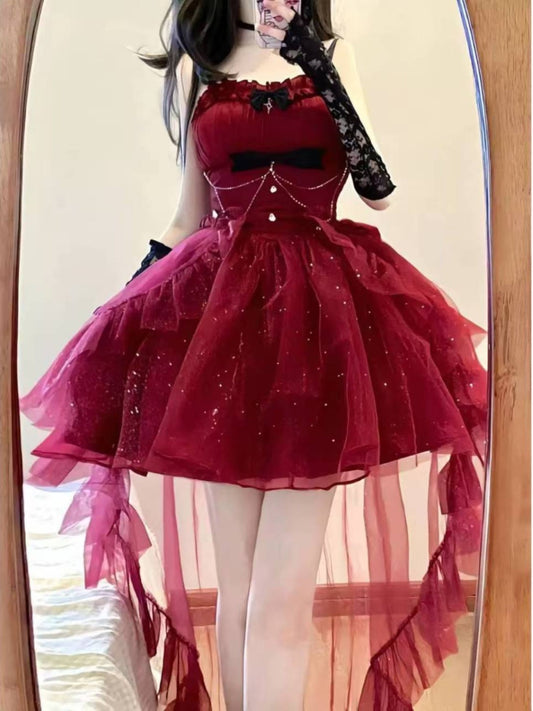 Goth Ball Gown Spaghetti Straps Burgundy Short Mini Formal 8th Grade Homecoming Dresses Middle School Lolita Dress Birthday Outfits Lolita Outfit DH1639