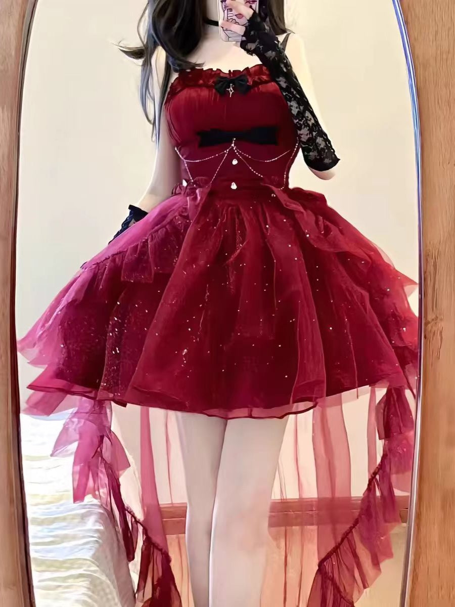 Goth Ball Gown Spaghetti Straps Burgundy Short Mini Formal 8th Grade Homecoming Dresses Middle School Lolita Dress Birthday Outfits Lolita Outfit DH1639