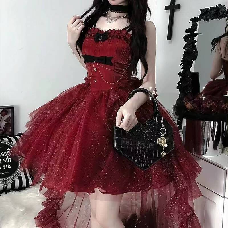 Goth Ball Gown Spaghetti Straps Burgundy Short Mini Corset Back Formal 8th Grade Homecoming Dresses Middle School Lolita Dress 18th Birthday Outfits Lolita Outfit DH1655
