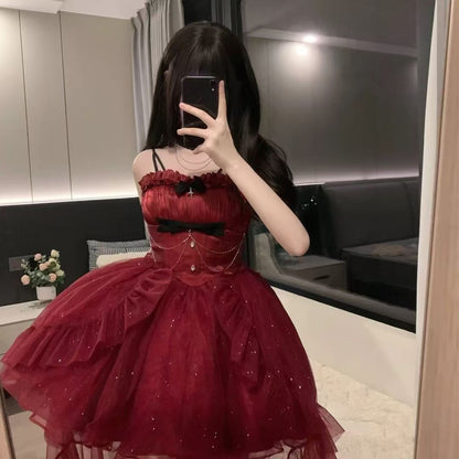Goth Ball Gown Spaghetti Straps Burgundy Short Mini Corset Back Formal 8th Grade Homecoming Dresses Middle School Lolita Dress 18th Birthday Outfits Lolita Outfit DH1655