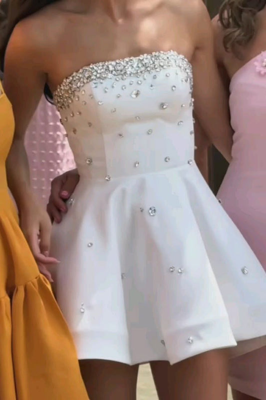 Classy A Line Strapless White Satin Formal 8th Grade Homecoming Dresses Middle School Hoco Dress Birthday Dress Mini Hoco Outfits DH1708