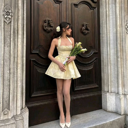 Unique Hoco Dresses Ball Gown Halter Yellow Short Satin Mini Formal 8th Grade Homecoming Dresses Middle School 18th Birthday Outfits Hoco Outfit DH1715