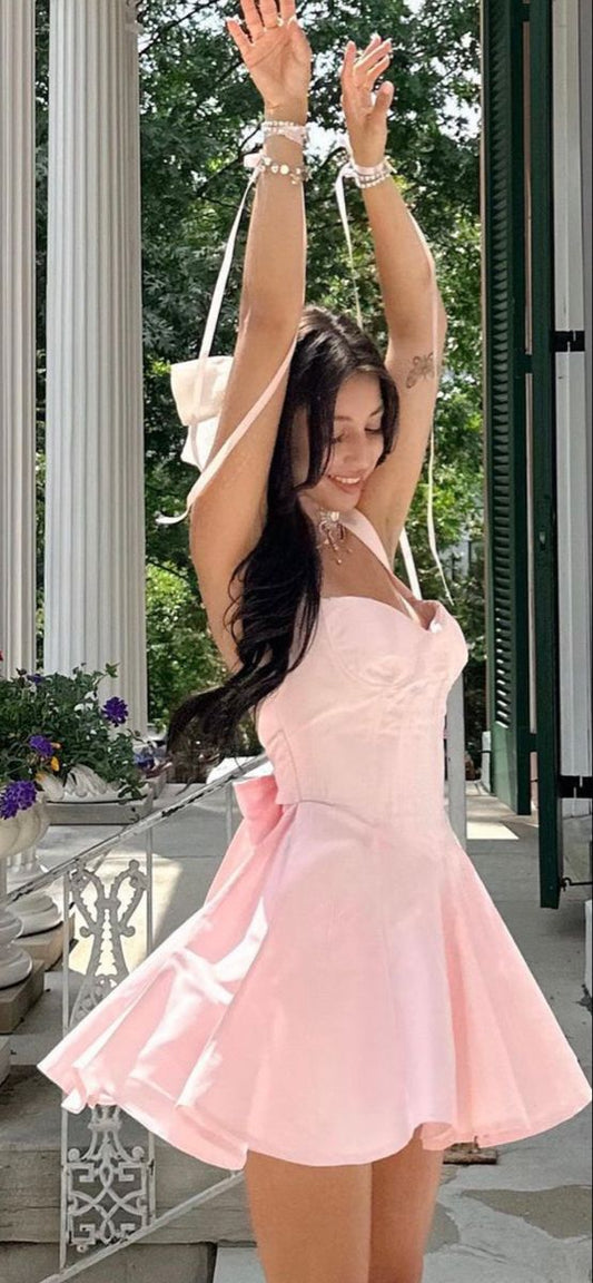 Classic Hoco Dresses A line Straps Pink Short Satin Mini Formal 8th Grade Homecoming Dresses Middle School 18th Birthday Outfits Hoco Outfit DH1719