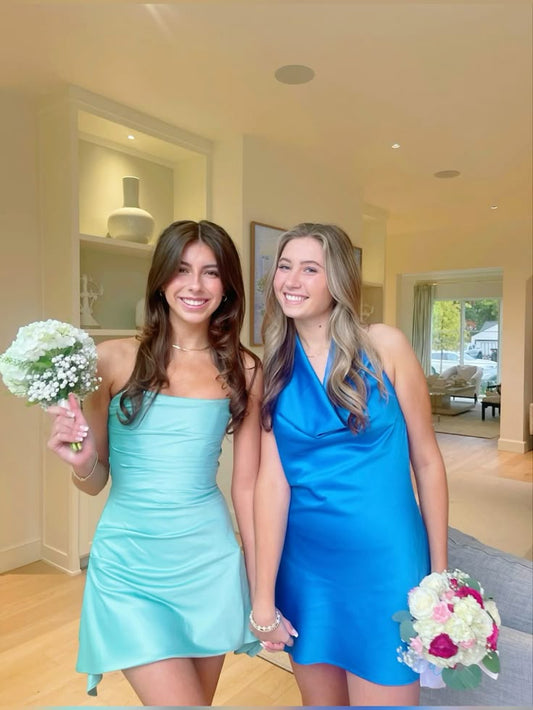 Classy A line Strapless Blue Satin Short Mini Formal 8th Grade Homecoming Dresses Middle School Hoco Court Dress 16th Birthday Dress Hoco Outfits DH1748