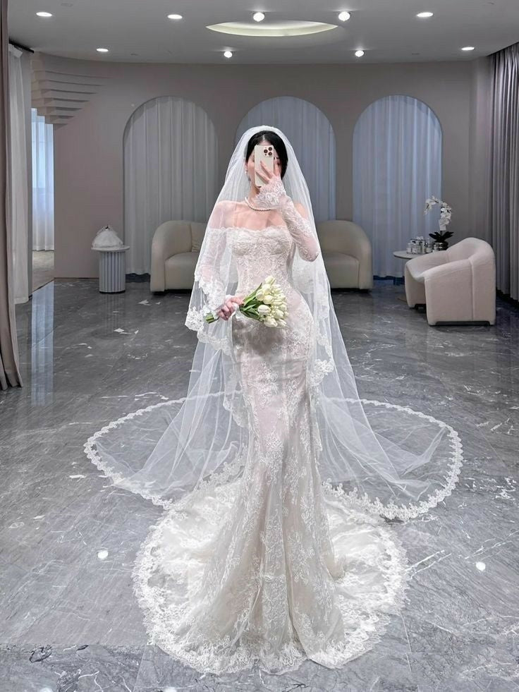 Romantic Wedding Gown Bridal Dress Mermaid Off The Shoulder Wedding Dress White Lace Wedding Dresses Modest Wedding Gowns DH1770