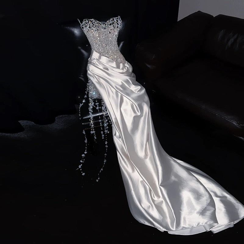 Luxury Mermaid Sweetheart White Satin Wedding Dress Modest Wedding Dresses Princess Wedding Gowns DH1773