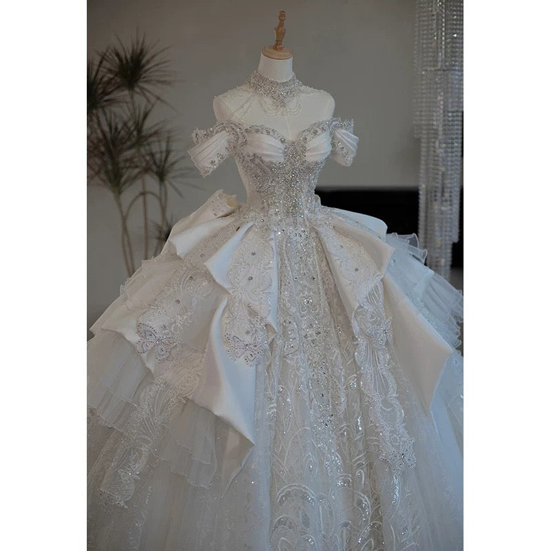 Princess Bridal Dress Ball Gown Off The Shoulder White Wedding Dress Ruffles Lace Wedding Dresses Modest Wedding Gowns DH1774