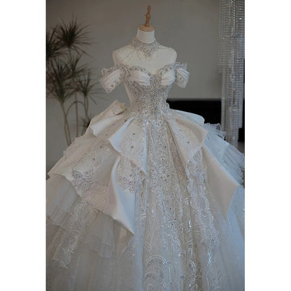 Princess Bridal Dress Ball Gown Off The Shoulder White Wedding Dress Ruffles Lace Wedding Dresses Modest Wedding Gowns DH1774