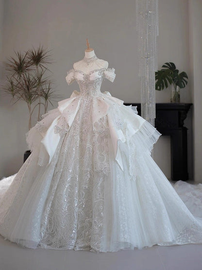 Princess Bridal Dress Ball Gown Off The Shoulder White Wedding Dress Ruffles Lace Wedding Dresses Modest Wedding Gowns DH1774