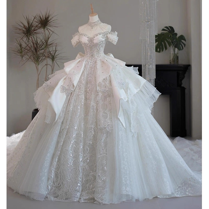 Princess Bridal Dress Ball Gown Off The Shoulder White Wedding Dress Ruffles Lace Wedding Dresses Modest Wedding Gowns DH1774