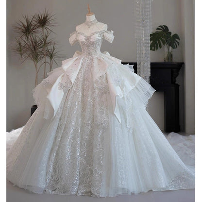Princess Bridal Dress Ball Gown Off The Shoulder White Wedding Dress Ruffles Lace Wedding Dresses Modest Wedding Gowns DH1774