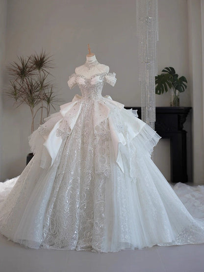Princess Bridal Dress Ball Gown Off The Shoulder White Wedding Dress Ruffles Lace Wedding Dresses Modest Wedding Gowns DH1774