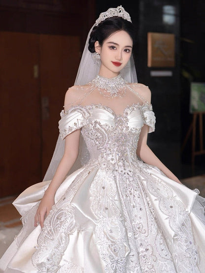 Princess Bridal Dress Ball Gown Off The Shoulder White Wedding Dress Ruffles Lace Wedding Dresses Modest Wedding Gowns DH1774