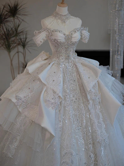 Princess Bridal Dress Ball Gown Off The Shoulder White Wedding Dress Ruffles Lace Wedding Dresses Modest Wedding Gowns DH1774