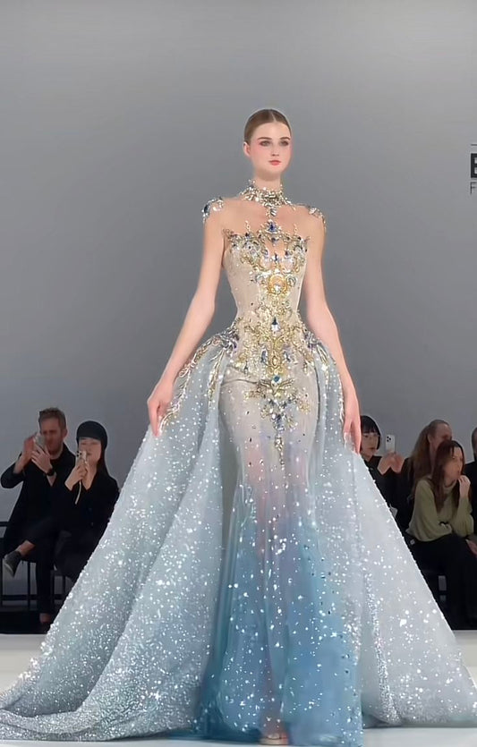 Luxury Mermaid High Neck Light Sky Blue Wedding Dress Modest Wedding Dresses Princess Wedding Gowns DH1778