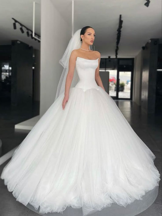 Romantic Wedding Gown Bridal Dress Ball Gown Strapless Tulle Wedding Dress White Satin Wedding Dresses Modest Wedding Gowns DH1779