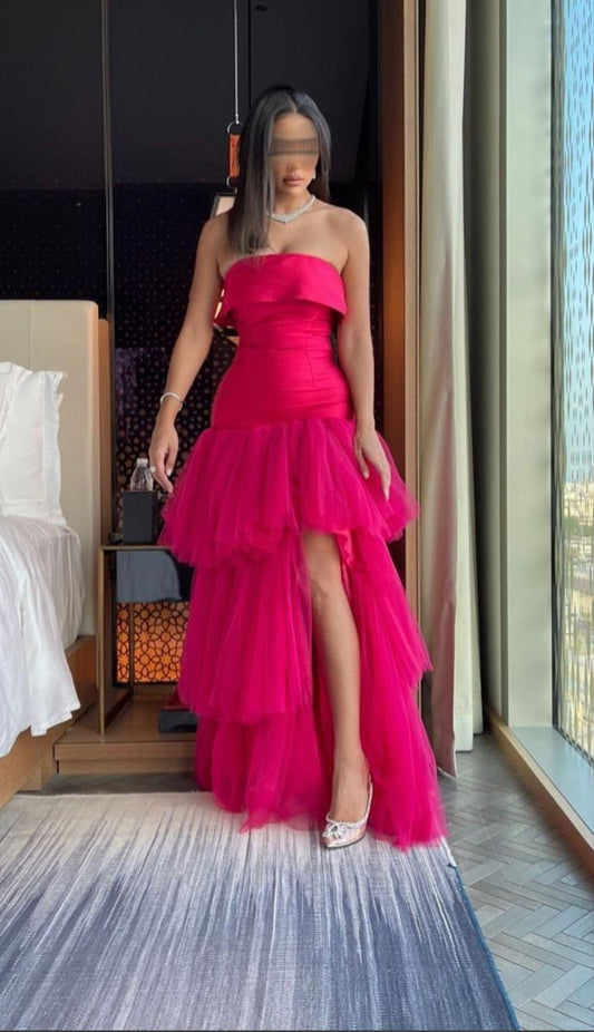 Elegant Sheath Strapless Pink Tulle Long Prom Dresses Party Dress 21st Birthday Outfits Graduation Dresses DH179