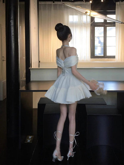 Classy A Line Off The Shoulder White Lace Satin Short Mini Formal 8th Grade Homecoming Dresses Middle School Hoco Court Dress 16th Birthday Dress Hoco Outfits DH1796