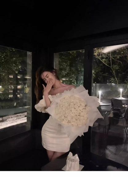 Classy Sheath Off The Shoulder White Satin Short Mini Formal 8th Grade Homecoming Dresses Middle School Hoco Court Dress 16th Birthday Dress Hoco Outfits DH1882