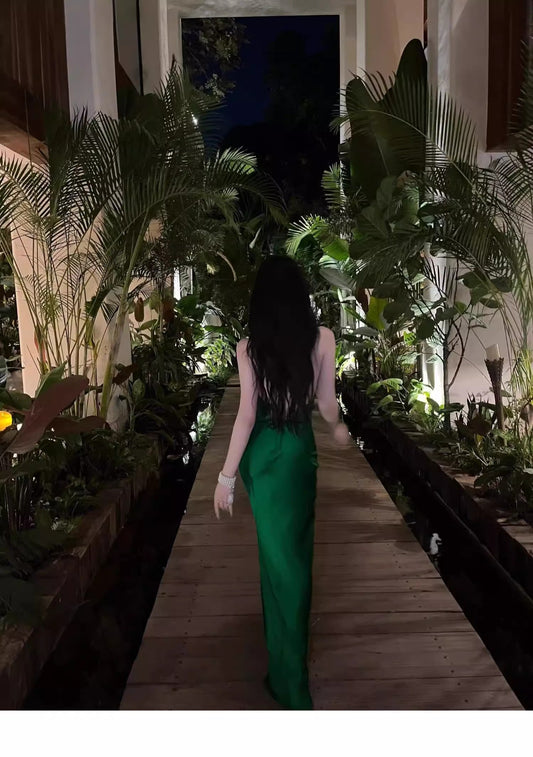 Sexy Sheath Spaghetti Straps Green Backless Satin Long Prom Dresses Party Dress 20th Birthday Outfits Graduation Dresses DH1886